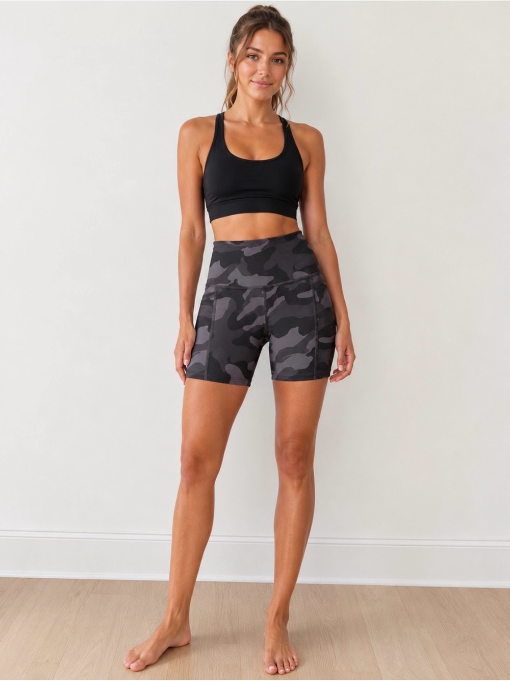 Old Navy Black and Gray Camo High-Waist Bike Shorts